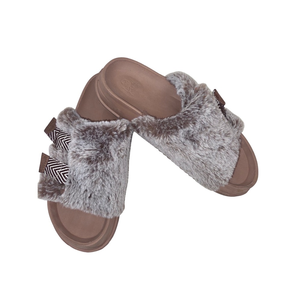 KUAILU Womens Faux Fur Slide Sandals Brown Chevron Buckle Platform Slippers 9